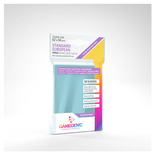 Gamegenic - PRIME Standard European-Sized Sleeves 62 x 94 mm- Clear (50 Sleeves)