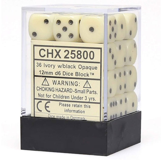 Chessex - Opaque 12mm D6 w/pips 36-Dice Blocks - Ivory w/black