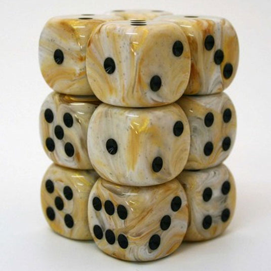 Chessex - Signature - 16mm D6 W/ Pips Blocks (12 Dice) - Marbled Ivory with Black