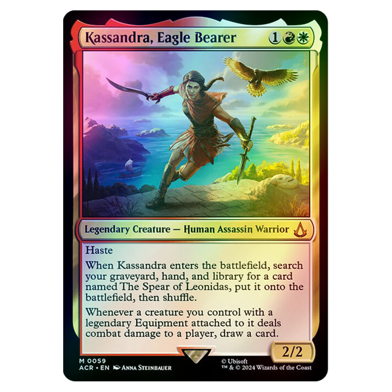 kassandra mtg card 3 New Assassin's Creed cards were revealed over the weekend! Kassandra, Eagle Bearer, The Spear of Leonidas, and Conspiracy! Check out the full story on our website! and library for a card named The Spear of Leonidas Kassandra, Eagle Bearer #0059 MTG