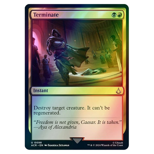Terminate 0098 card from the Magic The Gathering set Universes Beyond - Assassin's Creed