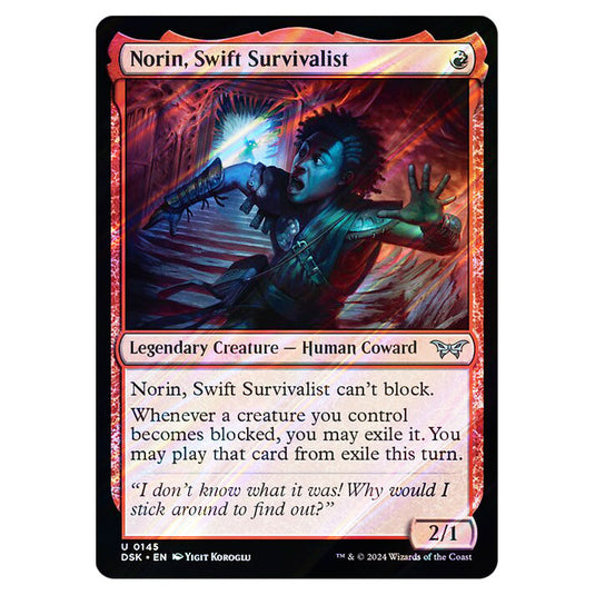 Norin, Swift Survivalist 0145 card from the Magic The Gathering set Duskmourn: House of Horror