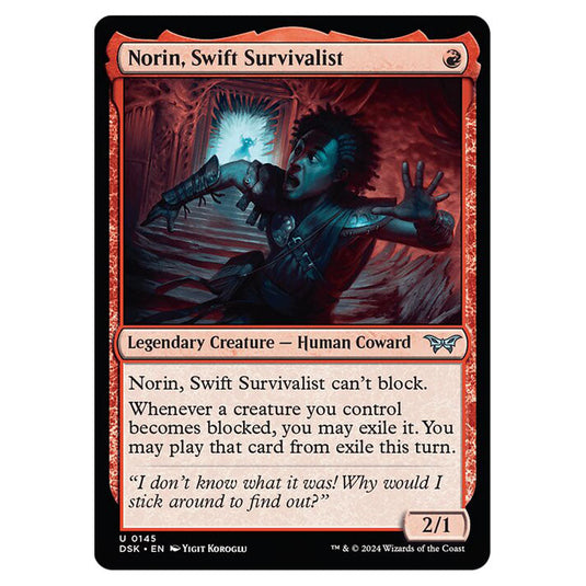 Norin, Swift Survivalist 0145 card from the Magic The Gathering set Duskmourn: House of Horror