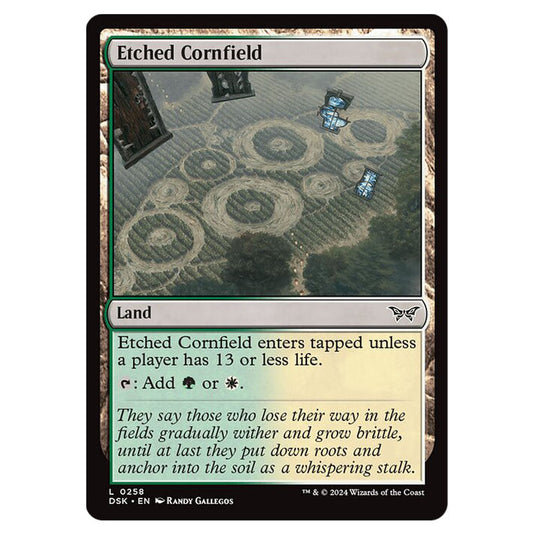 Etched Cornfield 0258 card from the Magic The Gathering set Duskmourn: House of Horror