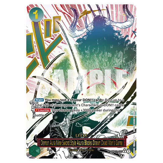 Demon Aura Nine Sword Style Asura Blades Drawn Dead Man's Game OP12-037a card from the One Piece set Legacy of the Master