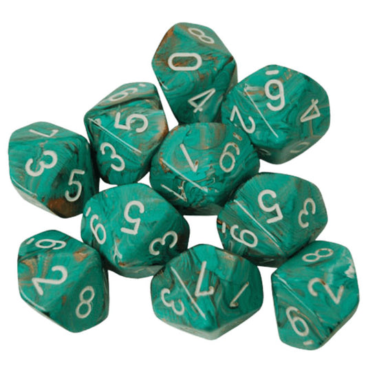 Chessex - Signature - 16mm Polyhedral D10 10-Dice Set - Marble Oxi-Copper with White