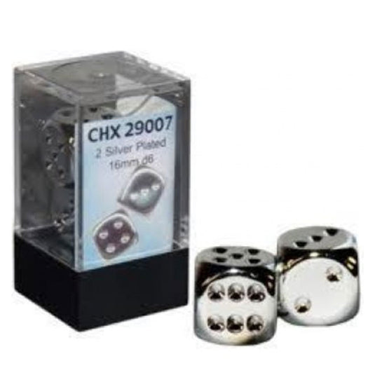 Chessex - Specialty Dice Pair - Metallic 16mm D6 w/pips - Silver-Plated