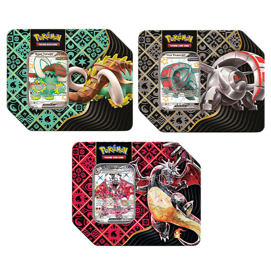 Pokemon - Scarlet & Violet - Paldean Fates - Shiny Tera Charizard, Iron Treads & Great Tusk - 7" ex Tins