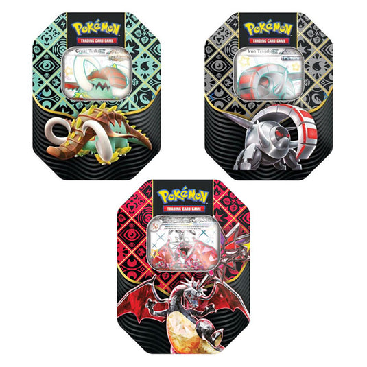Pokemon - Scarlet & Violet - Paldean Fates - Shiny Charizard, Iron Treads & Great Tusk ex Tins