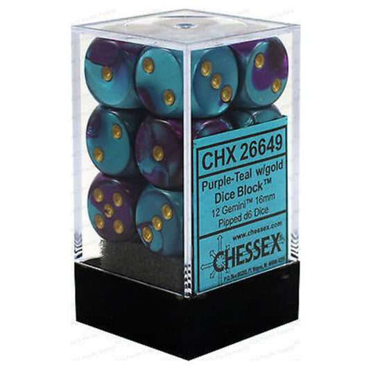 Chessex - Gemini 16mm D6 w/pips 12-Dice Blocks - Purple/Teal w/gold