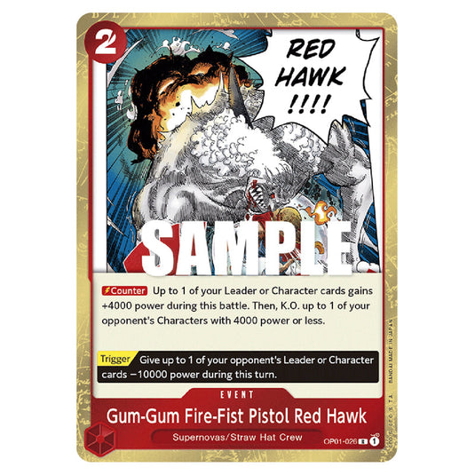 Gum-Gum Fire-Fist Pistol Red Hawk OP01-026 card from the One Piece set Romance Dawn