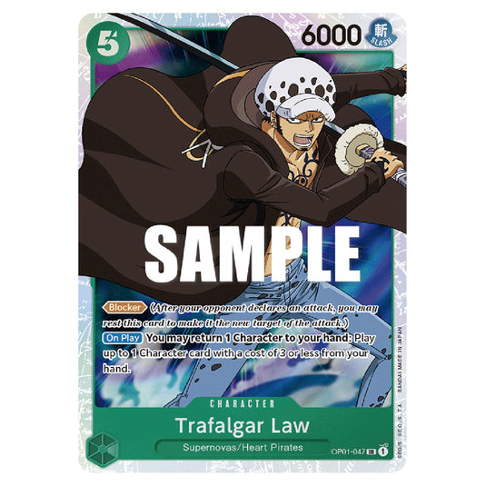 Trafalgar Law OP01-047 card from the One Piece set Romance Dawn