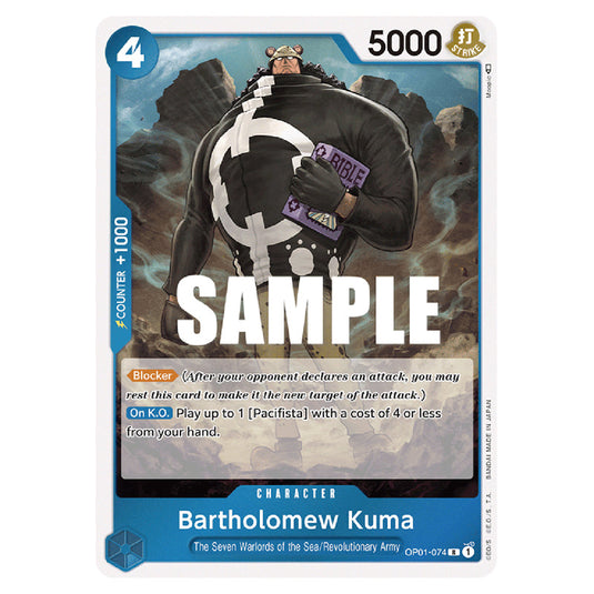 Bartholomew Kuma OP01-074 card from the One Piece set Romance Dawn
