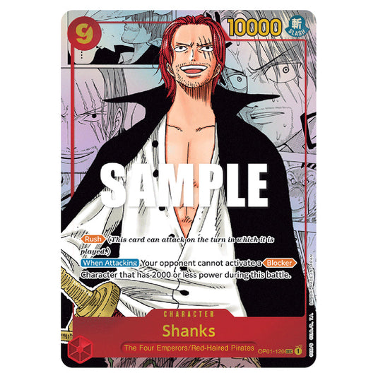 Shanks OP01-120b card from the One Piece set Romance Dawn