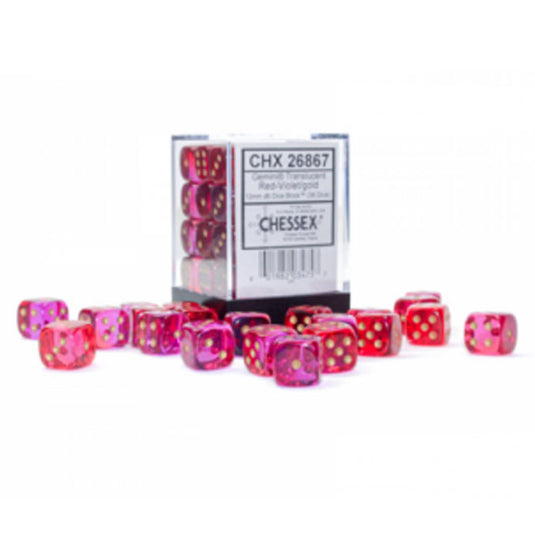 Chessex - Gemini - 12mm d6 - Translucent Red-Violet/gold - Luminary Dice Block (36 Dice)