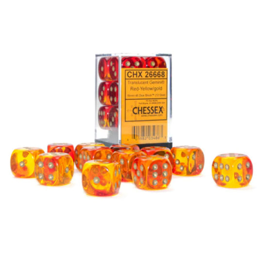 Chessex - Gemini - 16mm d6 - Translucent Red-Yellow/gold - Dice Block (12 Dice)