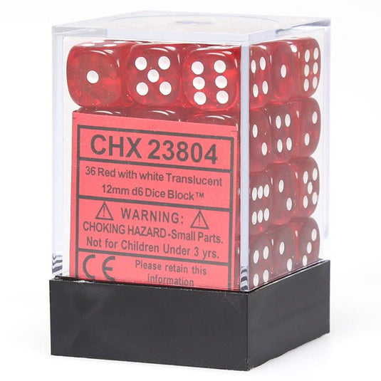 Chessex - Translucent 12mm D6 w/pips 36-Dice Blocks - Red w/white
