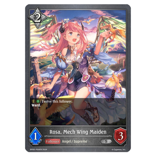 Rosa, Mech Wing Maiden BP05-P50EN card from the Shadowverse: Evolve set Omens Eternal