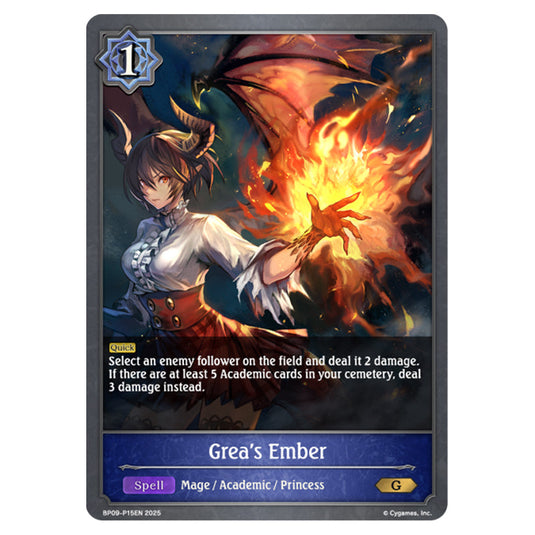 Grea's Ember BP09-P15EN card from the Shadowverse: Evolve set Duet of Dawn and Dusk