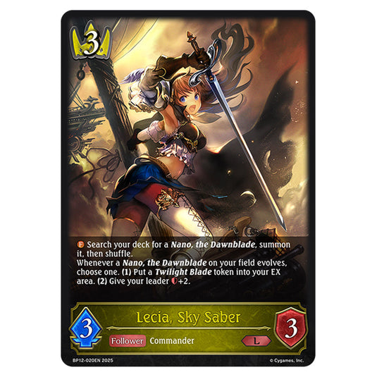 Lecia, Sky Saber BP12-020EN card from the Shadowverse: Evolve set Worldreaver's Descent & Dominion of Darkness