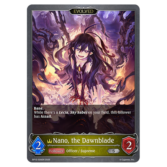 Nano, the Dawnblade BP12-026EN card from the Shadowverse: Evolve set Worldreaver's Descent & Dominion of Darkness