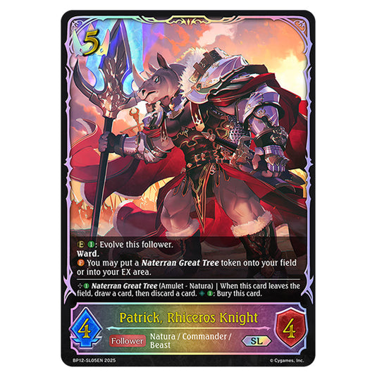 Patrick, Rhiceros Knight BP12-SL05EN card from the Shadowverse: Evolve set Worldreaver's Descent & Dominion of Darkness