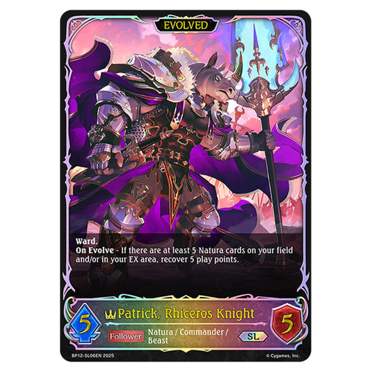 Patrick, Rhiceros Knight BP12-SL06EN card from the Shadowverse: Evolve set Worldreaver's Descent & Dominion of Darkness