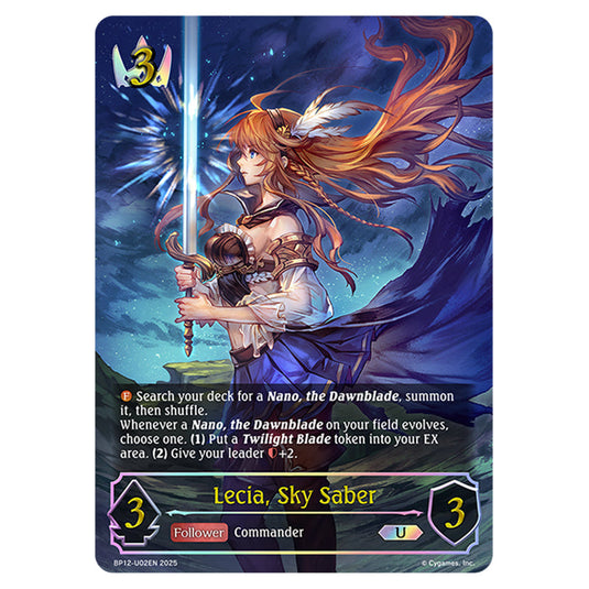 Lecia, Sky Saber BP12-U02EN card from the Shadowverse: Evolve set Worldreaver's Descent & Dominion of Darkness