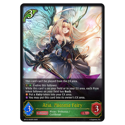 Aria, Miasma Fairy BP13-003EN card from the Shadowverse: Evolve set Worldreaver's Descent & Dominion of Darkness