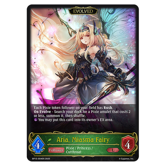 Aria, Miasma Fairy BP13-004EN card from the Shadowverse: Evolve set Worldreaver's Descent & Dominion of Darkness