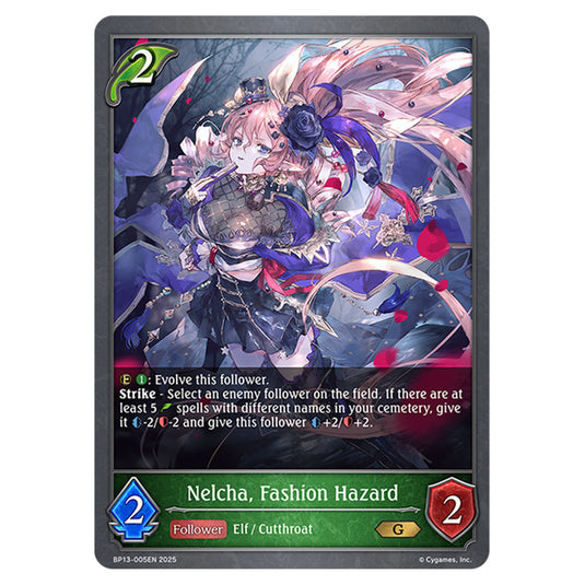 Nelcha, Fashion Hazard BP13-005EN card from the Shadowverse: Evolve set Worldreaver's Descent & Dominion of Darkness