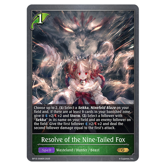 Resolve of the Nine-Tailed Fox BP13-008EN card from the Shadowverse: Evolve set Worldreaver's Descent & Dominion of Darkness