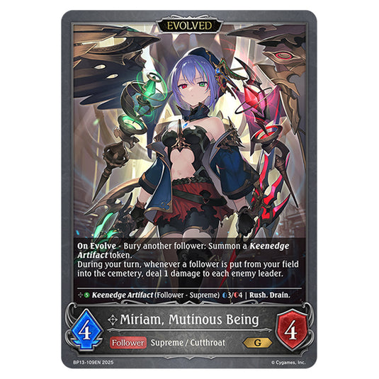 Miriam, Mutinous Being BP13-109EN card from the Shadowverse: Evolve set Worldreaver's Descent & Dominion of Darkness