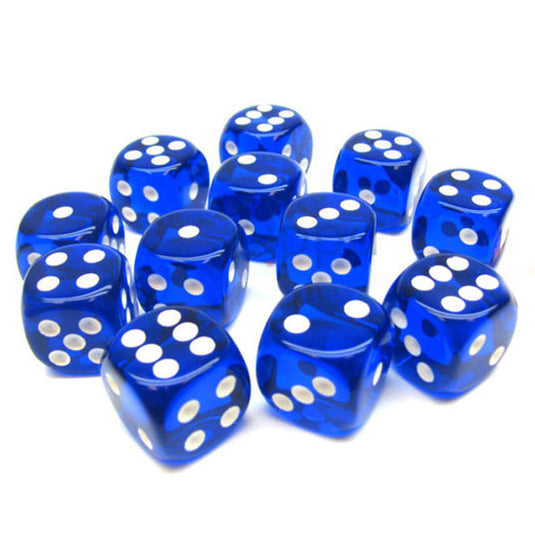Chessex - Translucent - 16mm - d6 with pips - Blue/white - Dice Blocks (12 Dice)