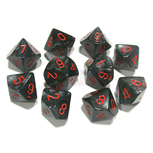 Chessex - Signature - 16mm Polyhedral D10 10-Dice Set - Velvet Black w/red