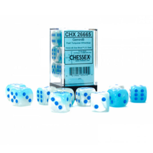 Chessex - Gemini - 16mm d6 - Pearl Turquoise-White/blue - Luminary Dice Block (12 Dice)