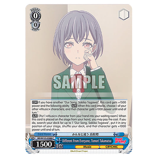 Different From Everyone, Tomori Takamatsu BD/W125-E088 card from the Weiss Schwarz set MyGO!!!!! × Ave Mujica