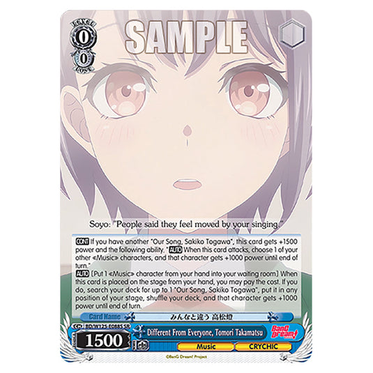 Different From Everyone, Tomori Takamatsu BD/W125-E088S card from the Weiss Schwarz set MyGO!!!!! × Ave Mujica