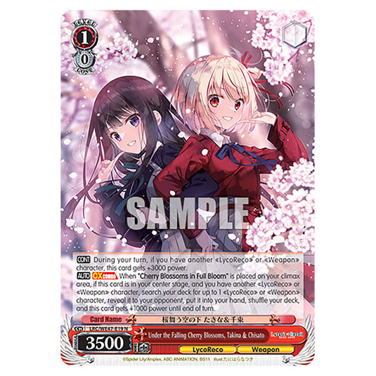 Under the Falling Cherry Blossoms, Takina & Chisato Character card from the Weiss Schwarz set Lycoris Recoil - Premium Booster LRC/WE47-E19
