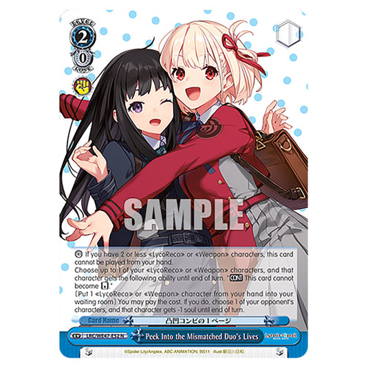 Peek Into the Mismatched Duo's Lives Event card from the Weiss Schwarz set Lycoris Recoil - Premium Booster LRC/WE47-E52