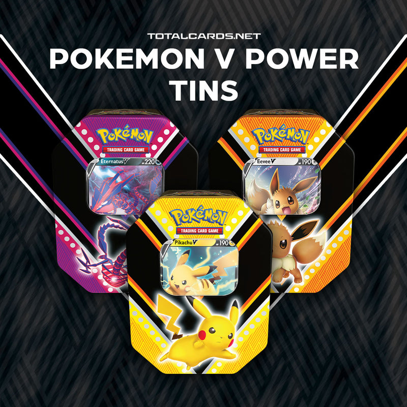 Trainers! Don't miss out on the Pokemon V Power Tins! Pikachu, Eevee & the Mythical Pokemon Eternatus have been known to hide in them!