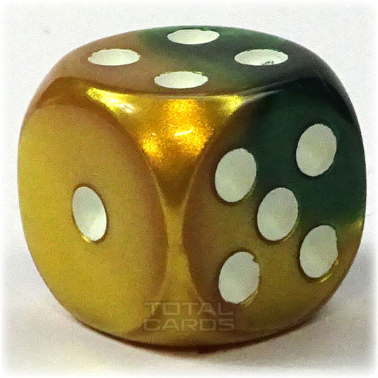 Chessex - Gemini 16mm D6 w/pips - Gold-Green w/White