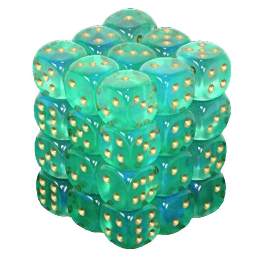 Chessex - Borealis 12mm d6 - Light Green/gold Luminary - Dice Block (36 dice)