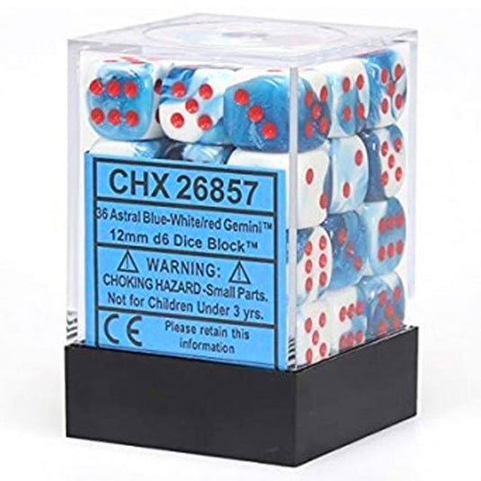 Chessex Gemini 12mm d6 Dice Blocks with pips Dice Blocks (36 Dice) - Astral Blue-White w/Red