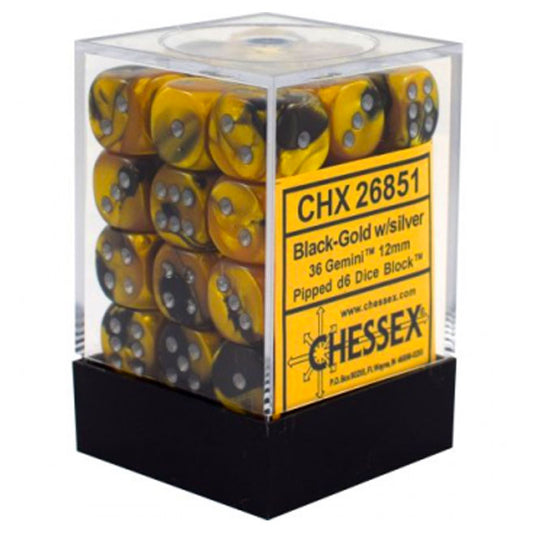 Chessex Gemini 12mm d6 Dice Blocks with pips Dice Blocks (36 Dice) - Black-Gold w/Silver