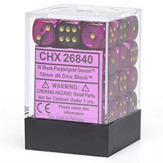 Chessex Gemini 12mm d6 Dice Blocks with pips Dice Blocks (36 Dice) - Black-Purple w/Gold