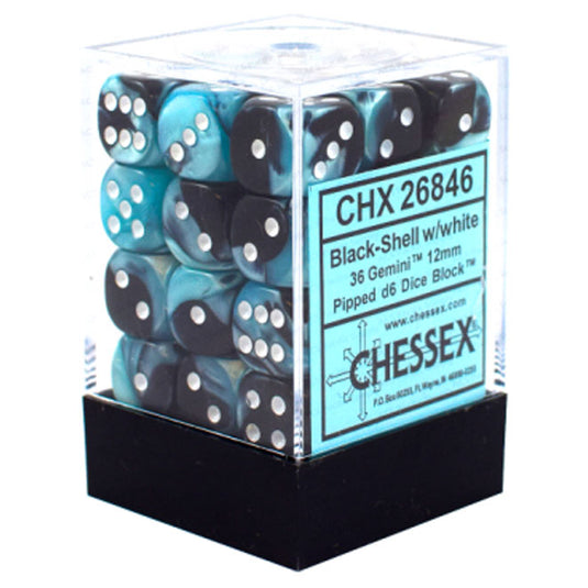 Chessex Gemini 12mm d6 Dice Blocks with pips Dice Blocks (36 Dice) - Black-Shell w/White