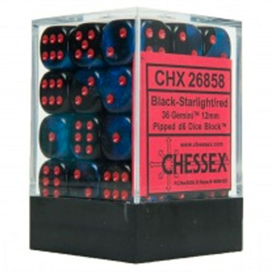 Chessex Gemini 12mm d6 Dice Blocks with pips Dice Blocks (36 Dice) - Black-Starlight w/Red