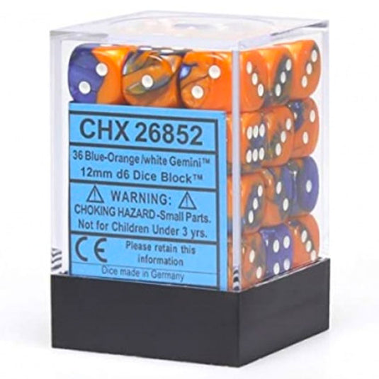 Chessex Gemini 12mm d6 Dice Blocks with pips Dice Blocks (36 Dice) - Blue-Orange w/White