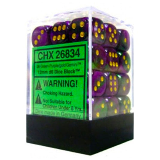 Chessex Gemini 12mm d6 Dice Blocks with pips Dice Blocks (36 Dice) - Green-Purple w/Gold